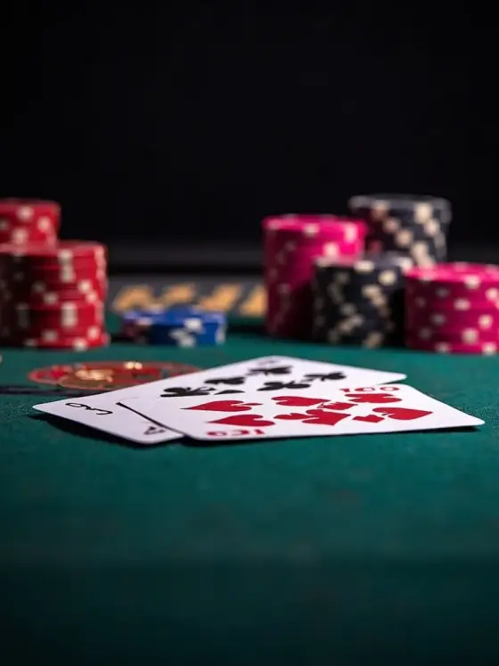 A blackjack table with fanned cards and glowing casino chips.