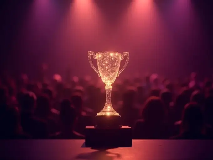A glowing trophy on a dark awards stage.