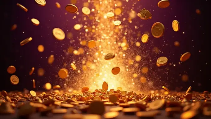 A cascade of golden coins celebrating a jackpot win.