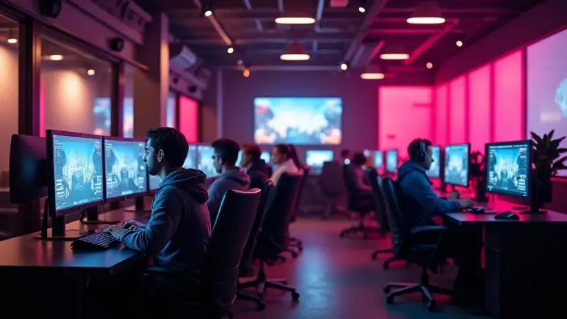 GameCraft team collaborating in a modern operations hub lit with magenta accents.